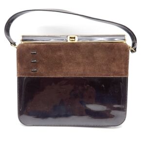 Vntg 1960 Airstep Brown Patent Leather Purse Faux Suede  Gold Tone Trim Clasp.